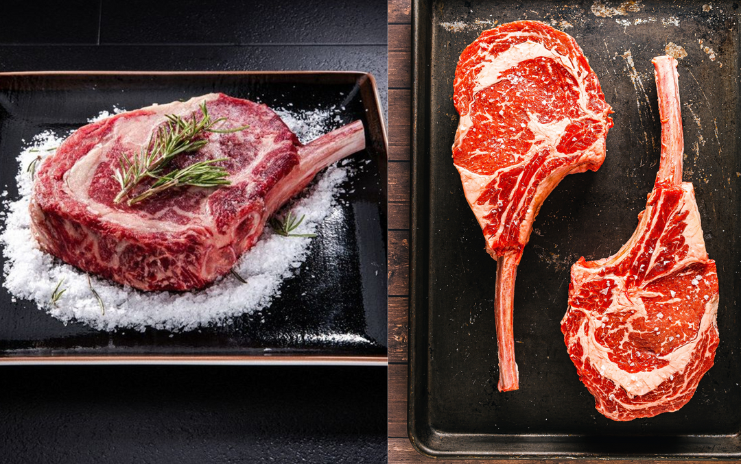 Cowboy Ribey Steak on the left, Tomahawk Steak on the right (which as a longer bone)
