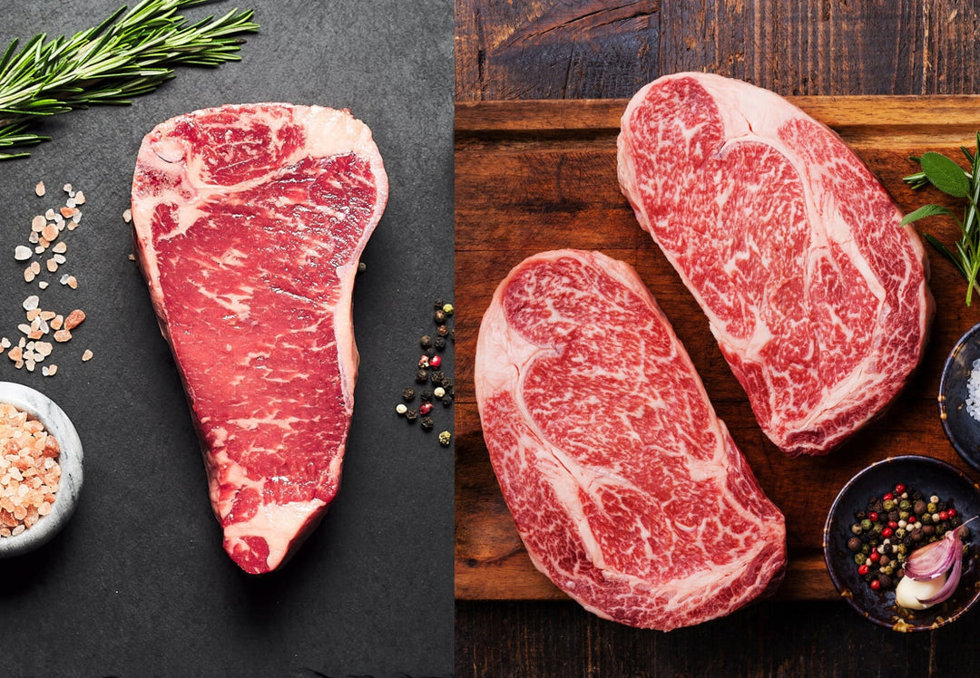 New York Strip steak on the left, two ribey steaks on the right
