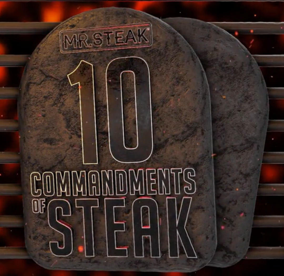 Image of MrSteak 10 commandments of steak looking like the original 10 commandments tablets of Moses
