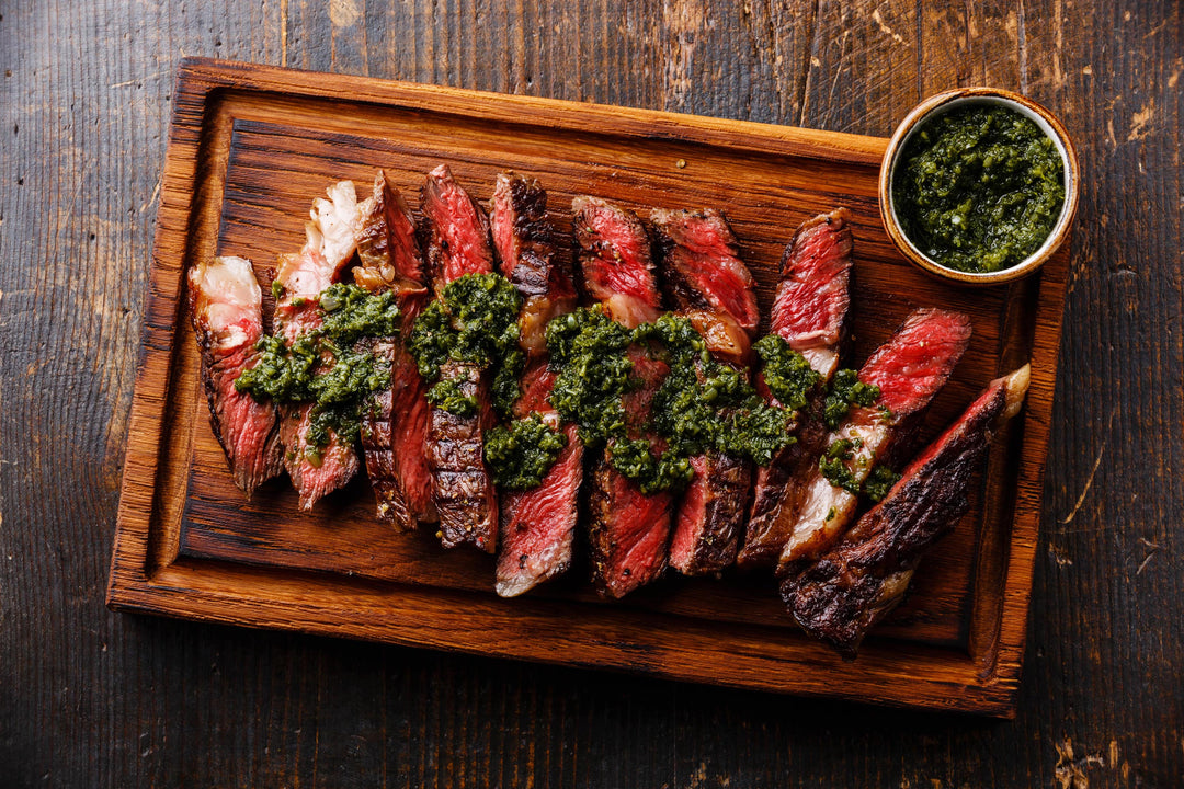 Grilled Bone-In NY Strip with Chimichurri & Smashed Grilled Potatoes
