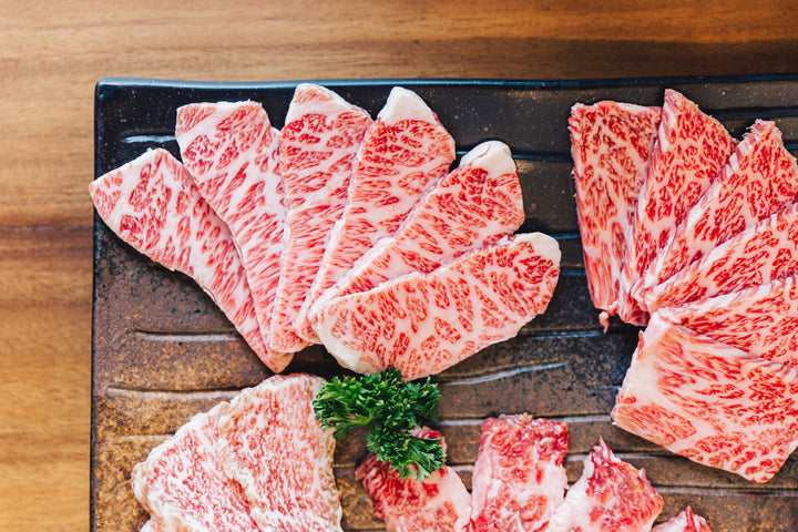 Beautifully plated, thinly sliced wagyu